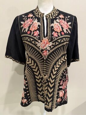 Johnny Was Linen Tunic Peasant Top Size Small Floral Geometric Embroidery Black